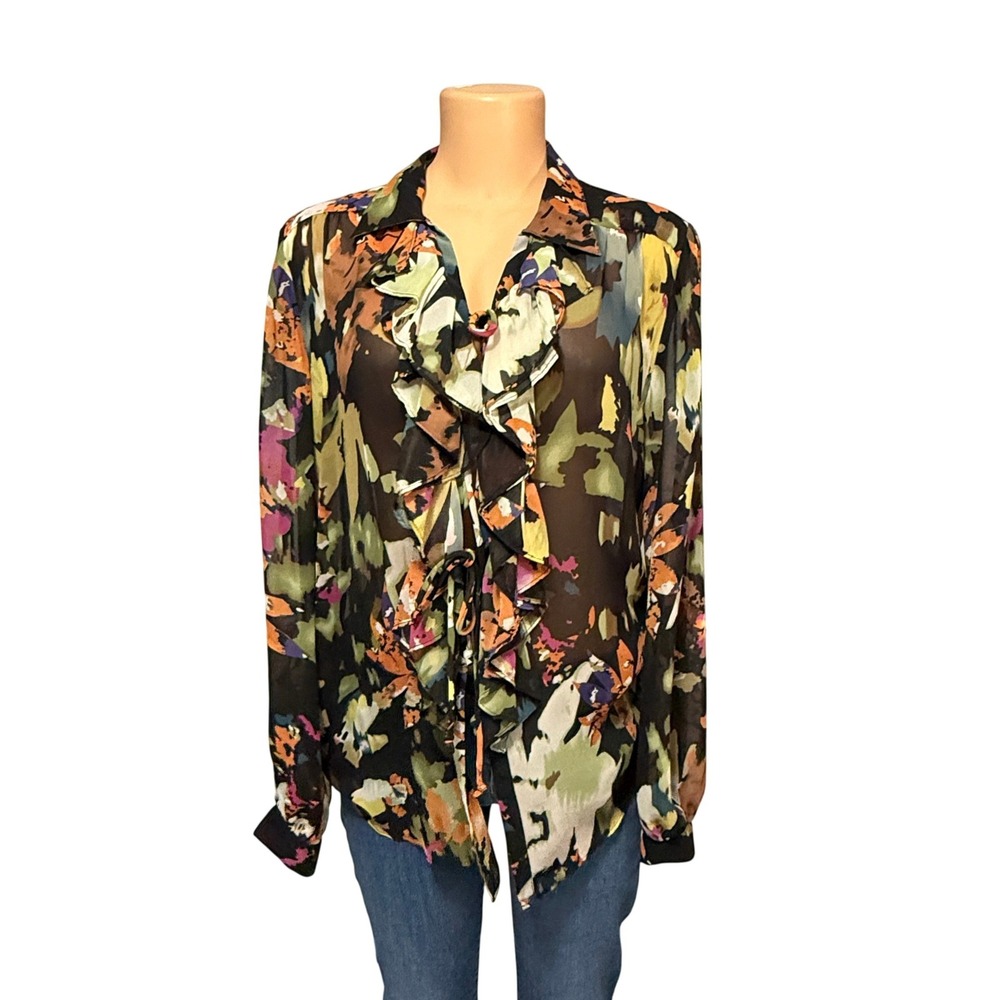 Cabi Style 146 Floral‎ Print Ruffle Blouse Womens Size S Polyester Sheer